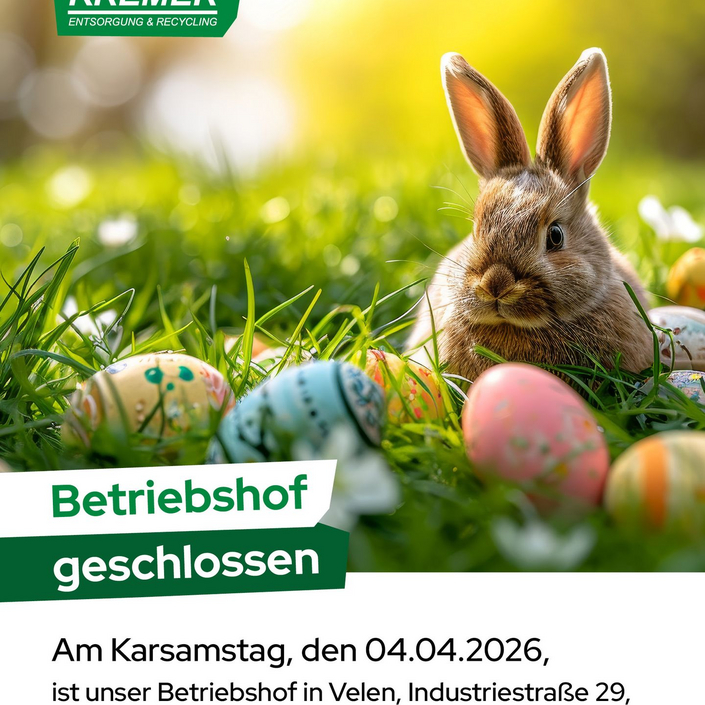 🚨 Info für alle 🚨

Am Samstag, den 04.04.2026 bleibt der Betriebshof von Kremer in Velen aufgrund von Karsamstag...