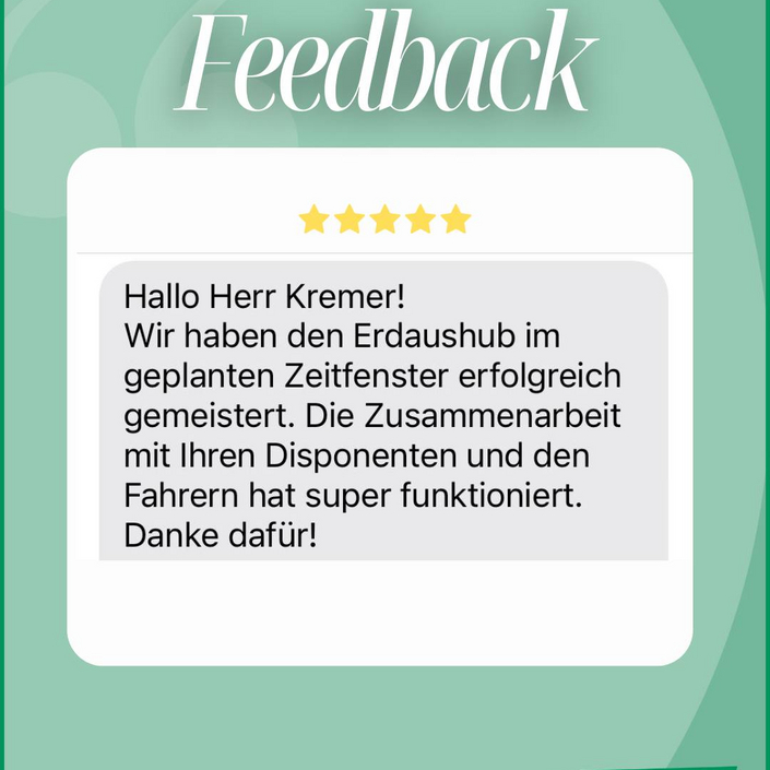 💬💚 Feedback, wie wir’s lieben! 💬💚

Erdarbeiten im Zeitplan ✔️
Top Teamwork zwischen Dispo und Fahrern ✔️
Zufriedene...
