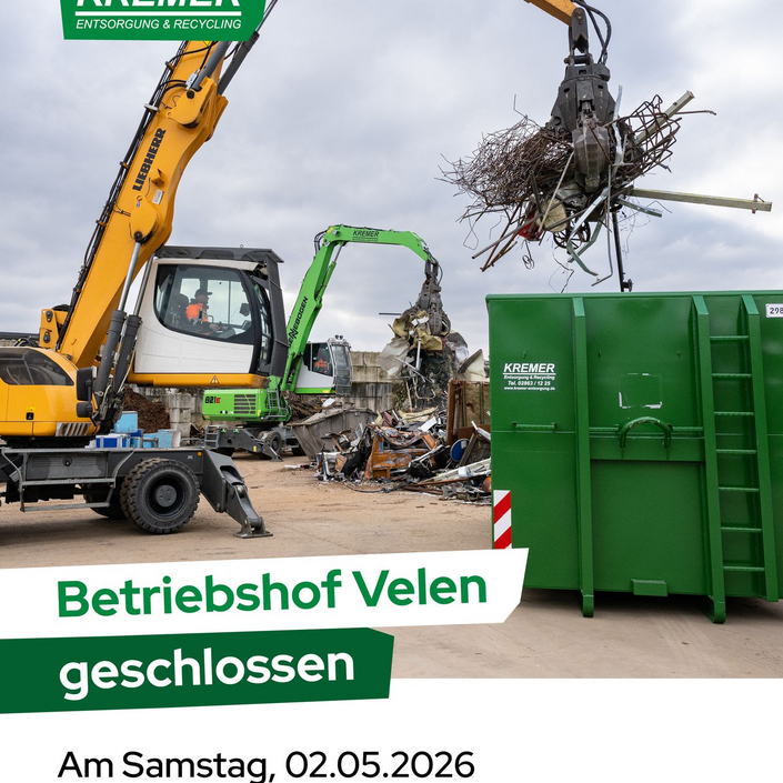 Nach dem 01. Mai gönnen wir uns eine kleine Pause – und sind am 02.05.2026 nicht vor Ort.

📍 Kremer Entsorgung in Velen...