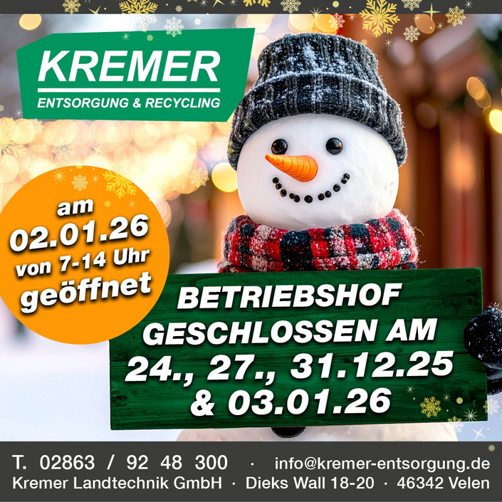 🎄✨ Feiertagsöffnungszeiten in Velen ✨🎄

Bitte beachten: Unser Betriebshof in Velen bleibt am 24., 27., 31.12.25 &...